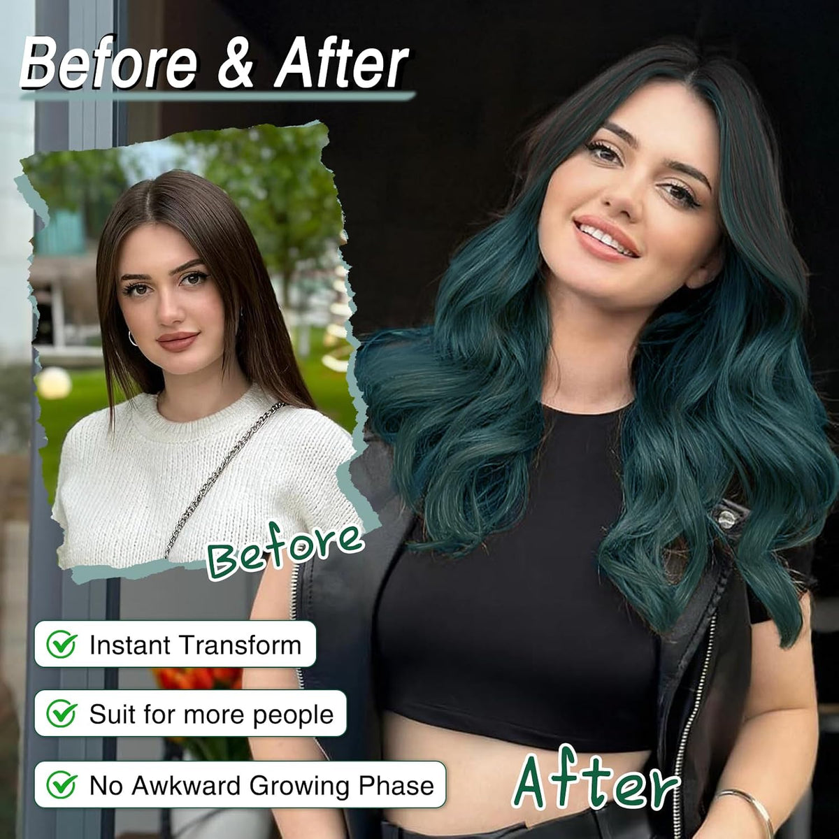 MORICA Ombre Dark Green Wigs for Women, 18 Inch Wavy Middle Part Wig