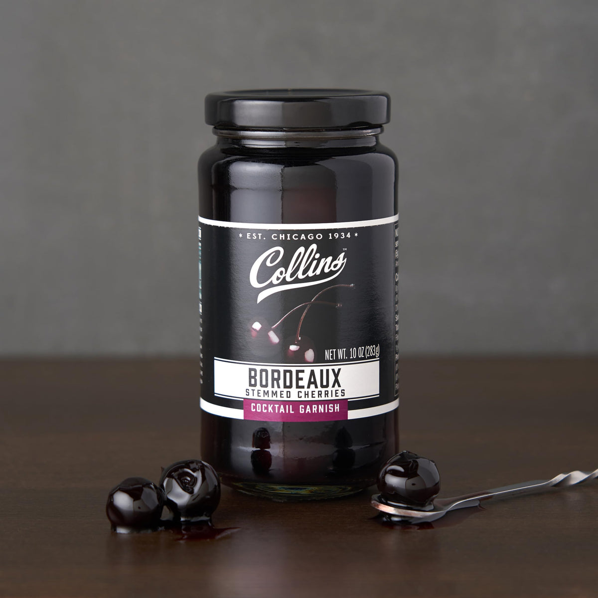 Collins Bourbon Cocktail Cherries - Drinks Garnish for Manhattan or Old Fashioned Cocktails and Desserts, Made with Award Winning Whiskey, 11 Ounce Glass Jar