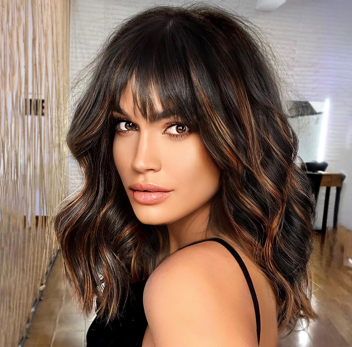 Nnzes Short Wavy Bob Wig with Bangs for Women Shoulder Length Curly Dark Brown with Purple Synthetic Heat-Resistant Fiber Hair for Daily & Party Use
