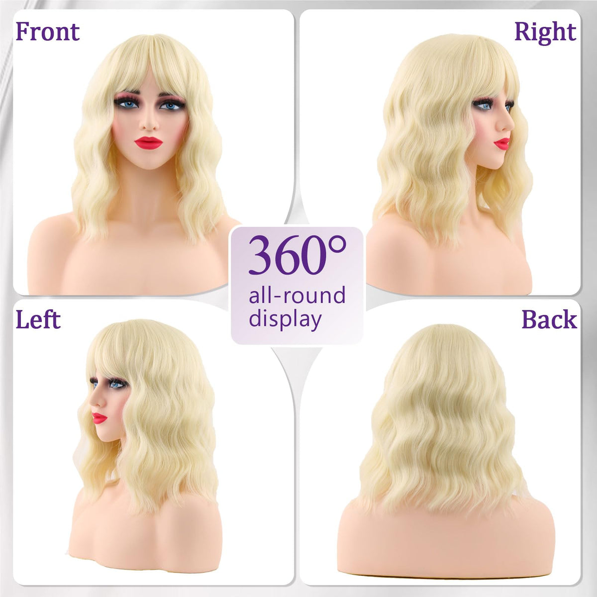 Dark Purple Wigs with Bangs for Women 14 Inch Short Wavy Bob Wigs Synthetic Bob Wig Curly Wig Heat Resistant Colorful Wavy Wig Cosplay Wigs For Daily Party Halloween