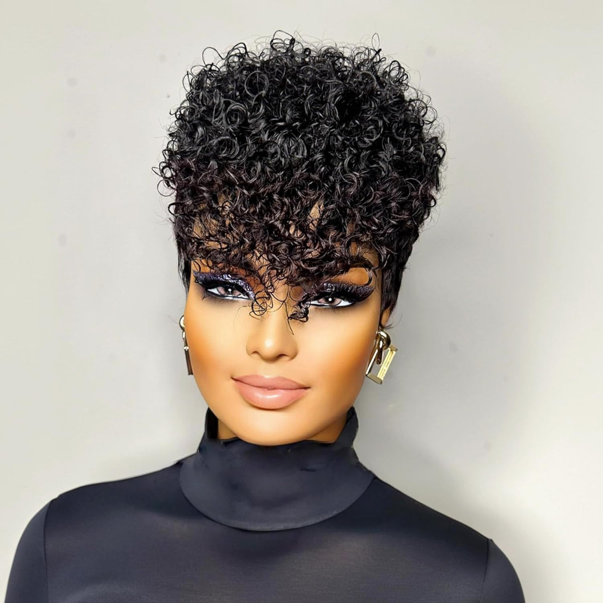 VRZ Pixie Cut Wigs for Black Women Brazilian Curly Pixie Cut Wig Human Hair Glueless Short Layered Wigs With Bangs Natural Black Color No Glue Human Hair Wig for Daily Use