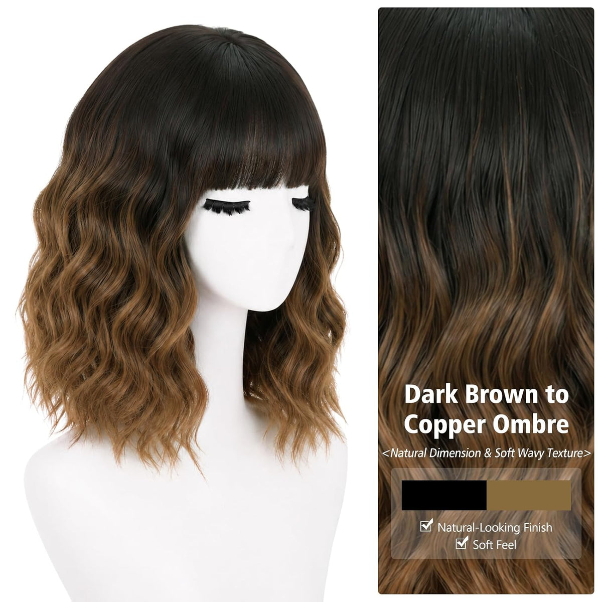 NOSTALGIA Wigs for Women, Short Wavy Bob Wig with Bangs, Trimmable Bangs, Shoulder Length, Black To Brown Heat Resistant Synthetic Wig for Daily Party Use, 14 Inch