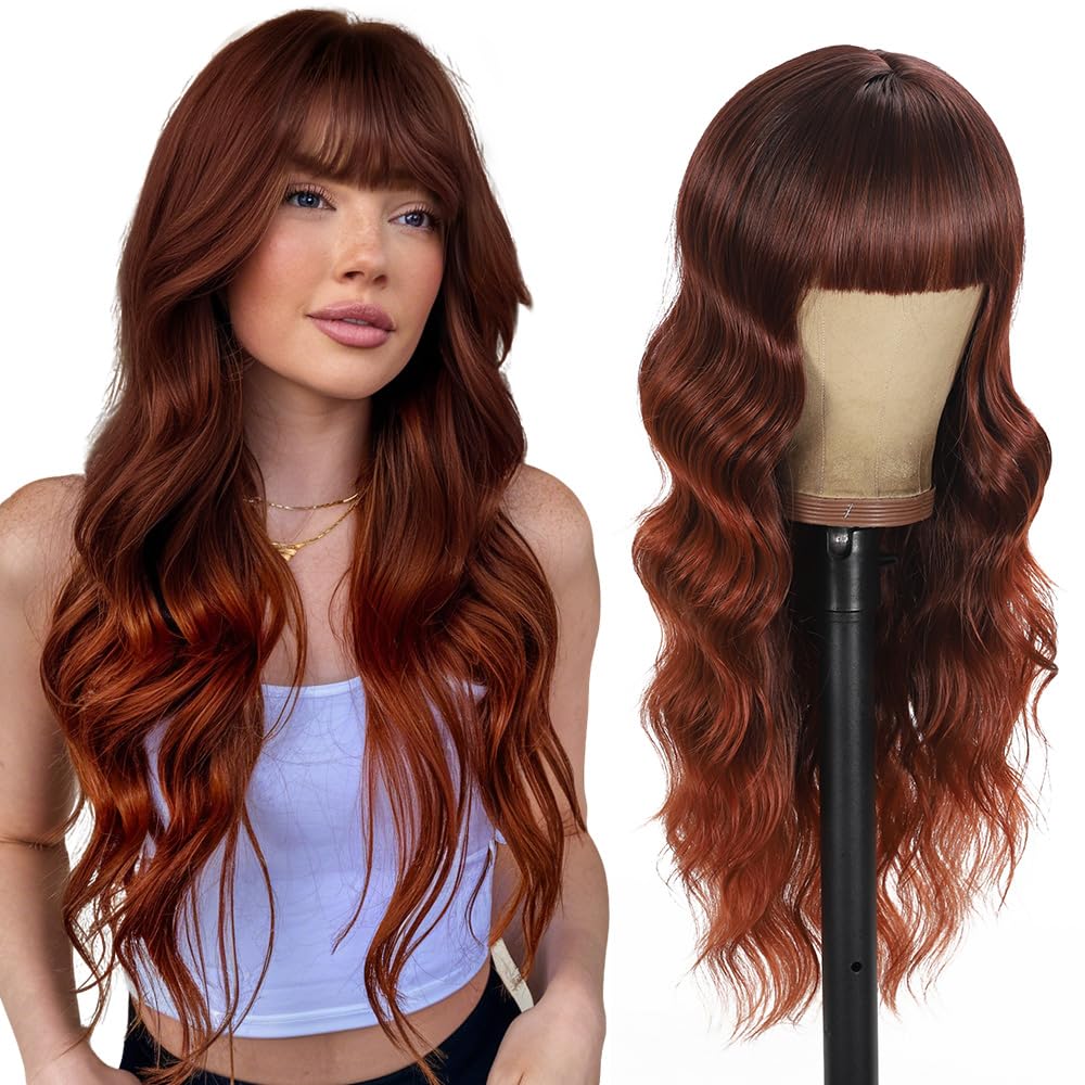 Black Wig with Bangs Long curly wavy Wigs for Women26In Synthetic Black Wig