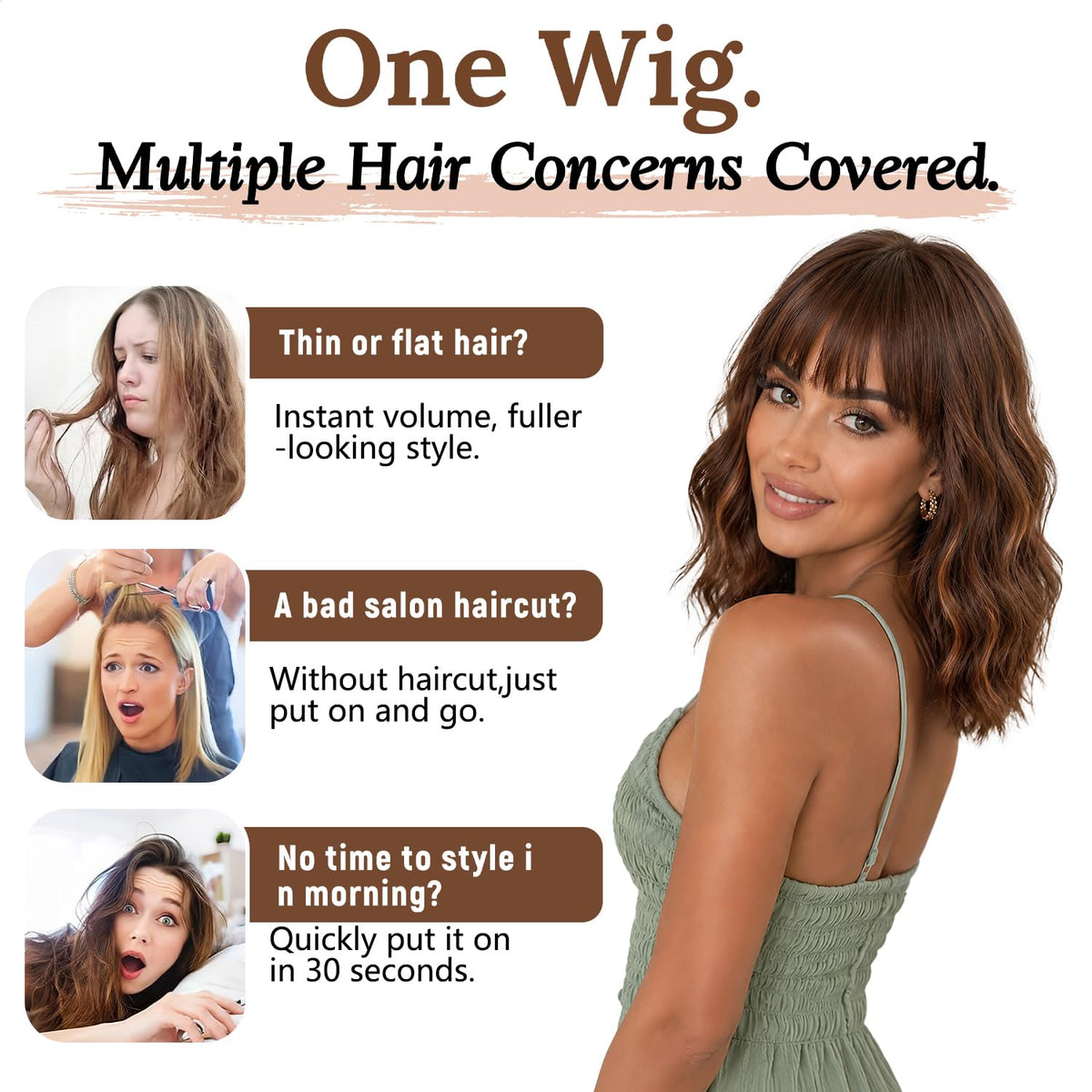 Nnzes Short Wavy Bob Wig with Bangs for Women Shoulder Length Curly Dark Brown with Purple Synthetic Heat-Resistant Fiber Hair for Daily & Party Use