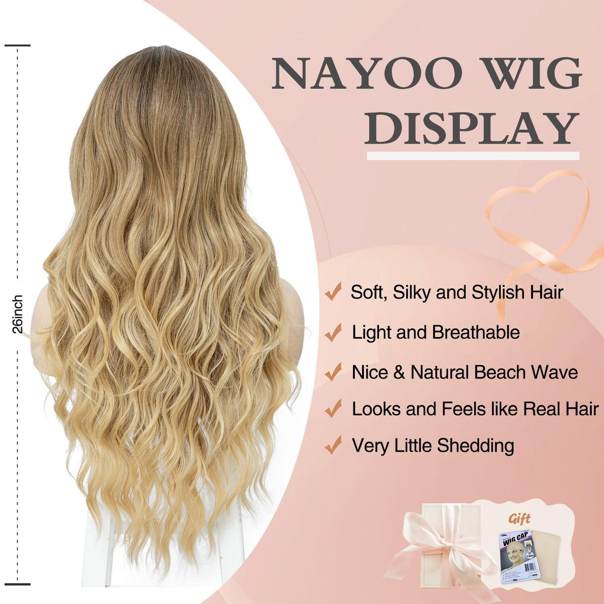 NAYOO 26 Inch Long Wavy Black Wig for Women, Middle Part Natural Looking Synthetic Wig, Heat Resistant Fiber Soft & Lightweight, Realistic Scalp Long Curly Wig for Daily Wear Party Cosplay