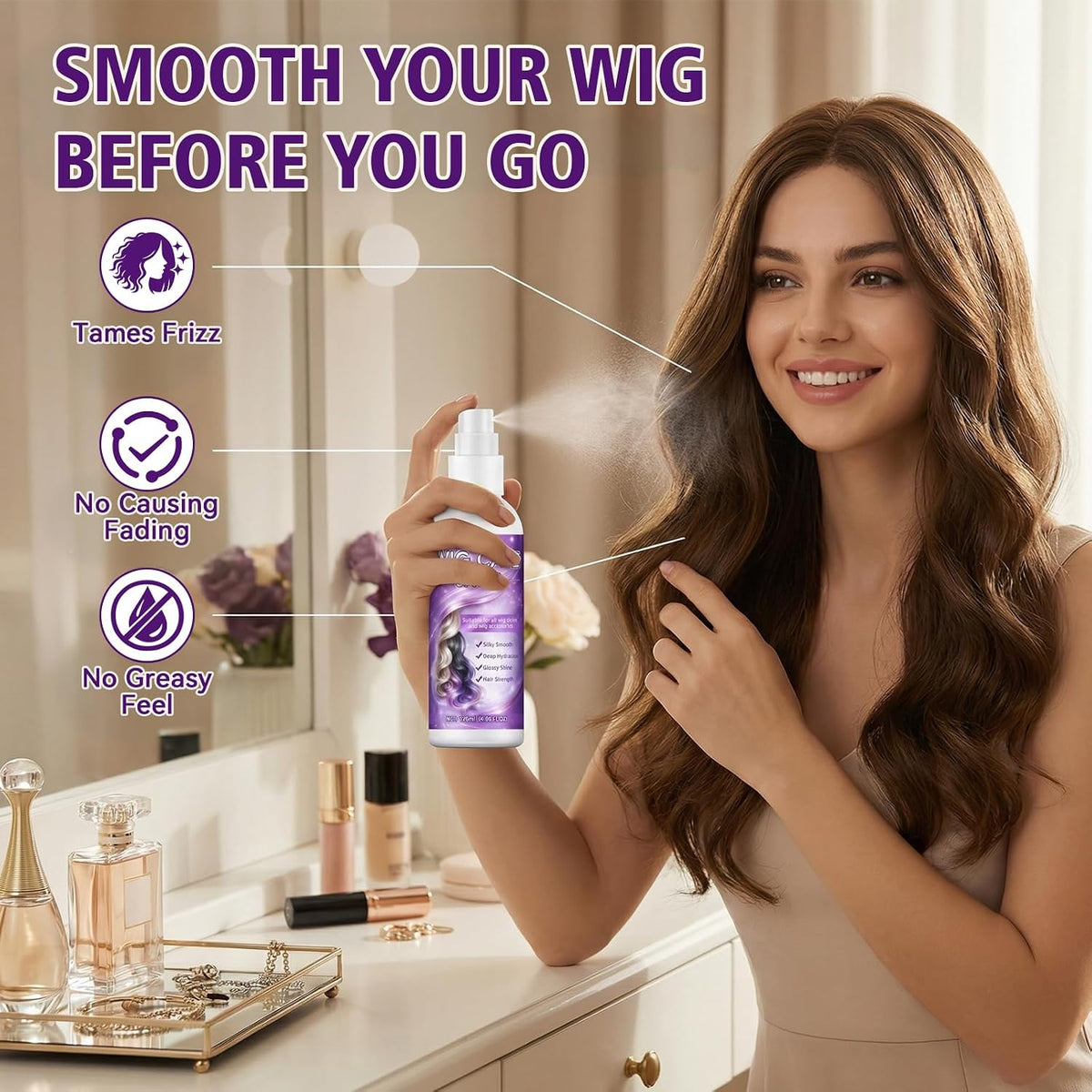 Wig Spray, Synthetic Wig Spray, Detangling, Frizz Control, Hydrating Conditioning, Shine Wig Care Spray, for Synthetic and Human Hair Wigs, Wig Accessories, 120ml