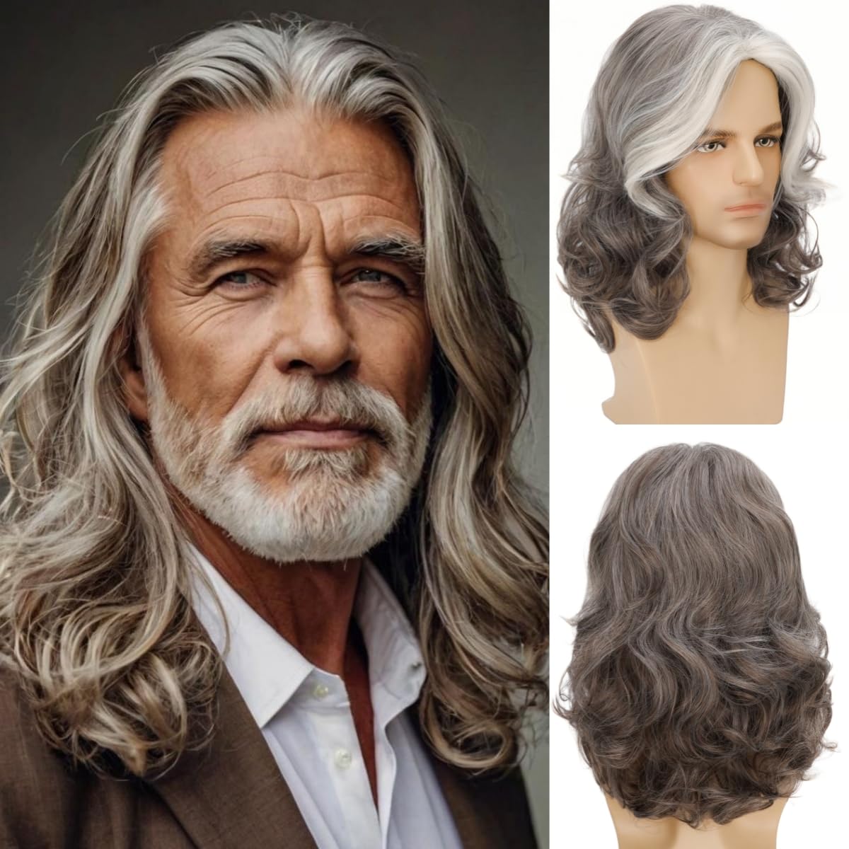Mens Black Wig Long Curly Natural Hair Wig Layered Wavy for Daily Party Costume Cospaly Halloween