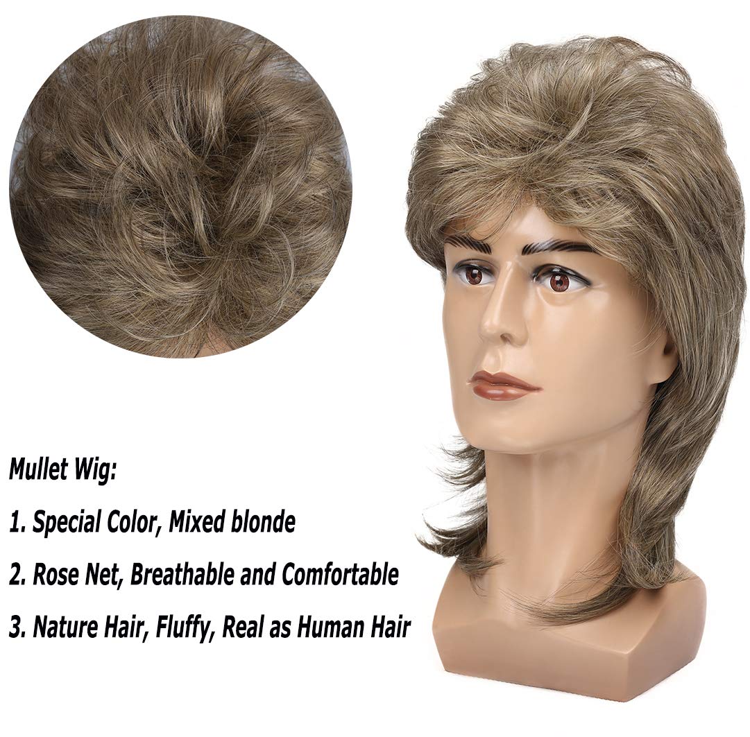 Kaneles Mullet Wigs for Men 80s Costumes Fancy Party Accessory Cosplay Halloween Wig (Light Brown)