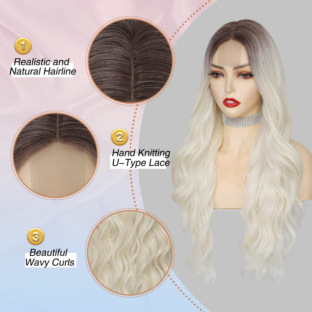 NAYOO 26 Inch Long Wavy Black Wig for Women, Middle Part Natural Looking Synthetic Wig, Heat Resistant Fiber Soft & Lightweight, Realistic Scalp Long Curly Wig for Daily Wear Party Cosplay