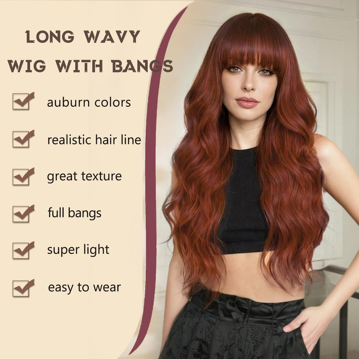 Burgundy Wig with Bangs for Women, Long Wavy Red Wig 26 Inch Wigs Heat Resistant Sythetic Wig for Daily Party Use