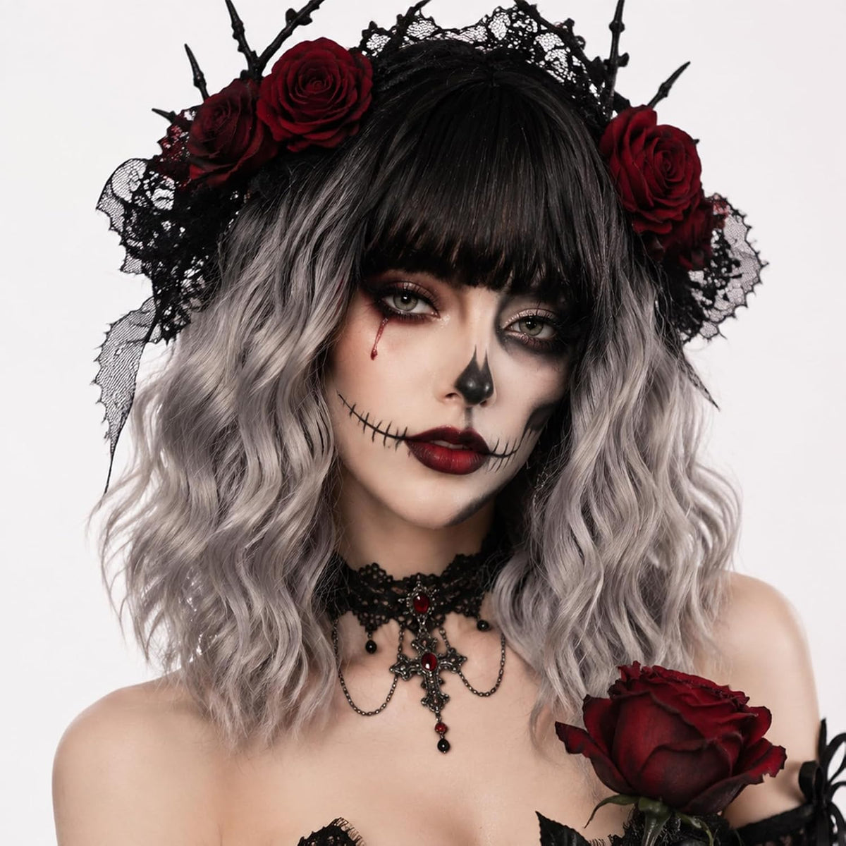Short Black-grey Wavy Wig with Bangs for Women Halloween Curly Bob Wigs
