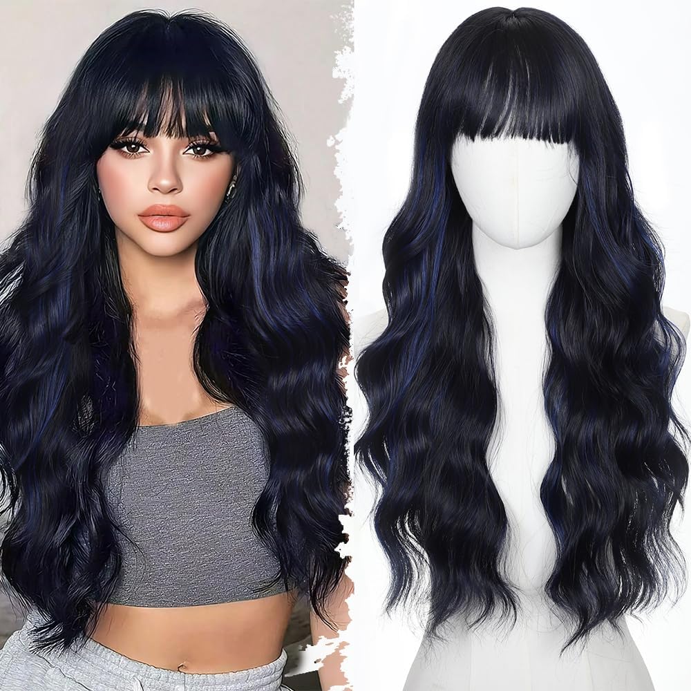 Black Wig with Bangs Long curly wavy Wigs for Women26In Synthetic Black Wig