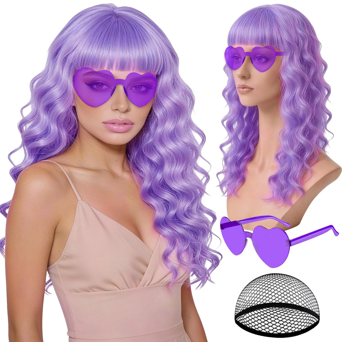 Purple Wig for Women Long Wavy Hair with Heart Sunglasses, Colorful Curly Wigs with Bangs for Birthday Nightclubs Music Festival Photography Funny Bachelorette Mardi Gras Party Supplies