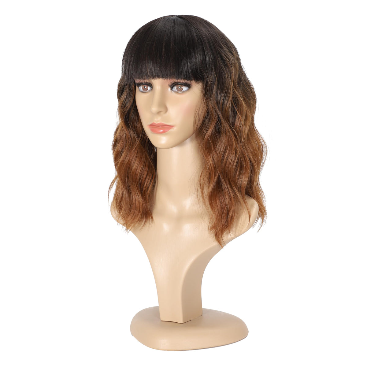 Black Mixed Brown Wig for Black Women Short Wavy Curly Bob Wig with Bangs