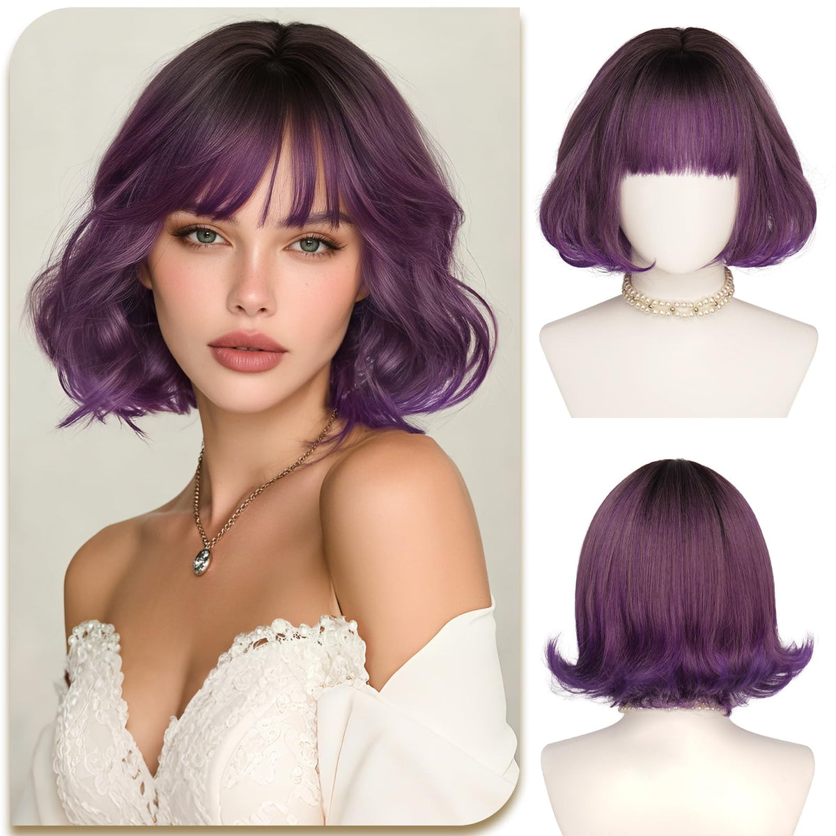 SOFEIYAN Short Wavy Violet Blue Wig - 12 Inch Dark Ginger Bob Wig with Bangs for Women Curly Shoulder Length Bob Wig with Bangs Soft Synthetic Hair Wigs for Girls Daily Party Use