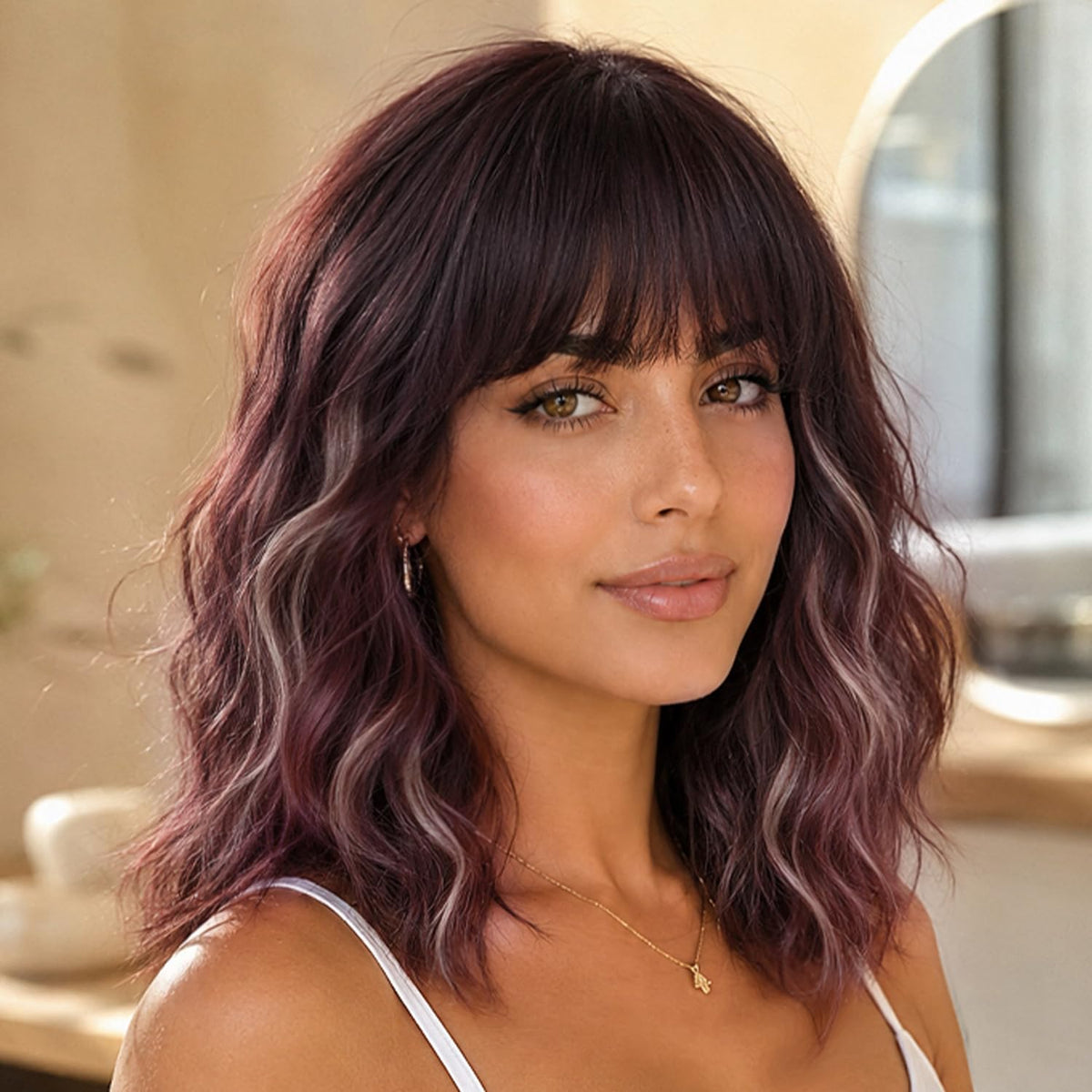 Nnzes Short Wavy Bob Wig with Bangs for Women Shoulder Length Curly Dark Brown with Purple Synthetic Heat-Resistant Fiber Hair for Daily & Party Use