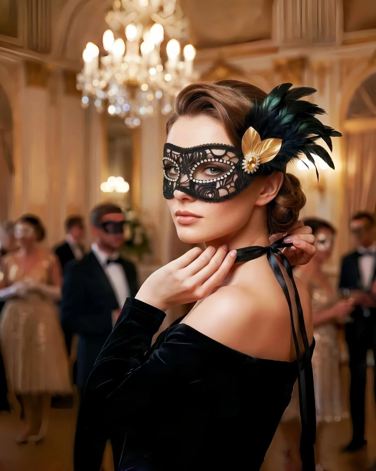 Black Lace Masquerade Mask for Women,1920s Venetian Feather Eye Mask with Gold Rhinestones for Mardi Gras Halloween
