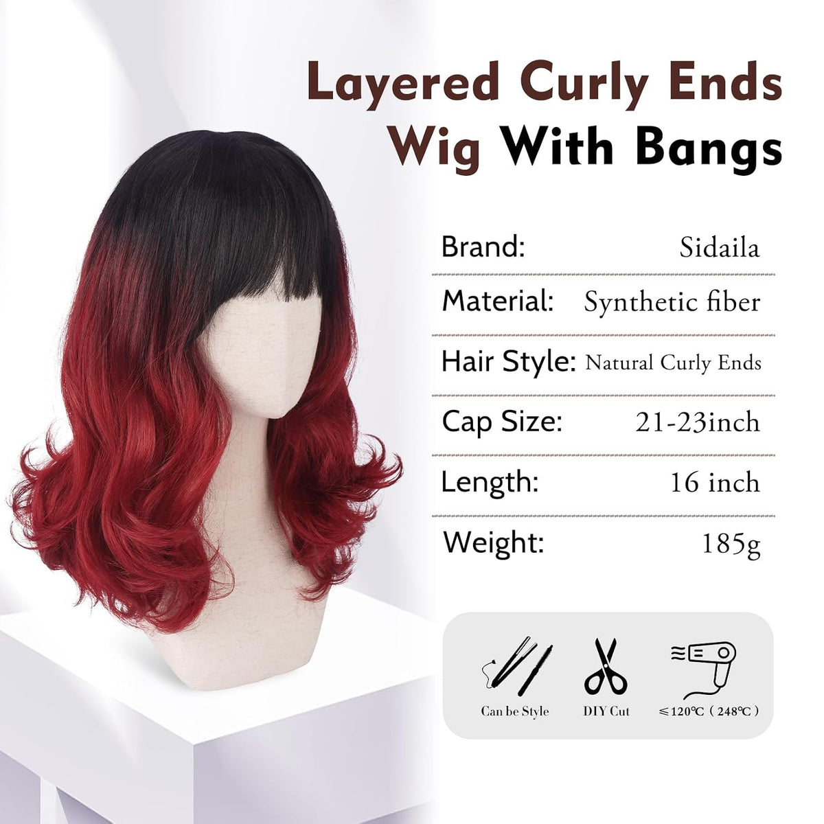 Burgundy Wig with Bangs 16 Inch Ombre Wig for Women