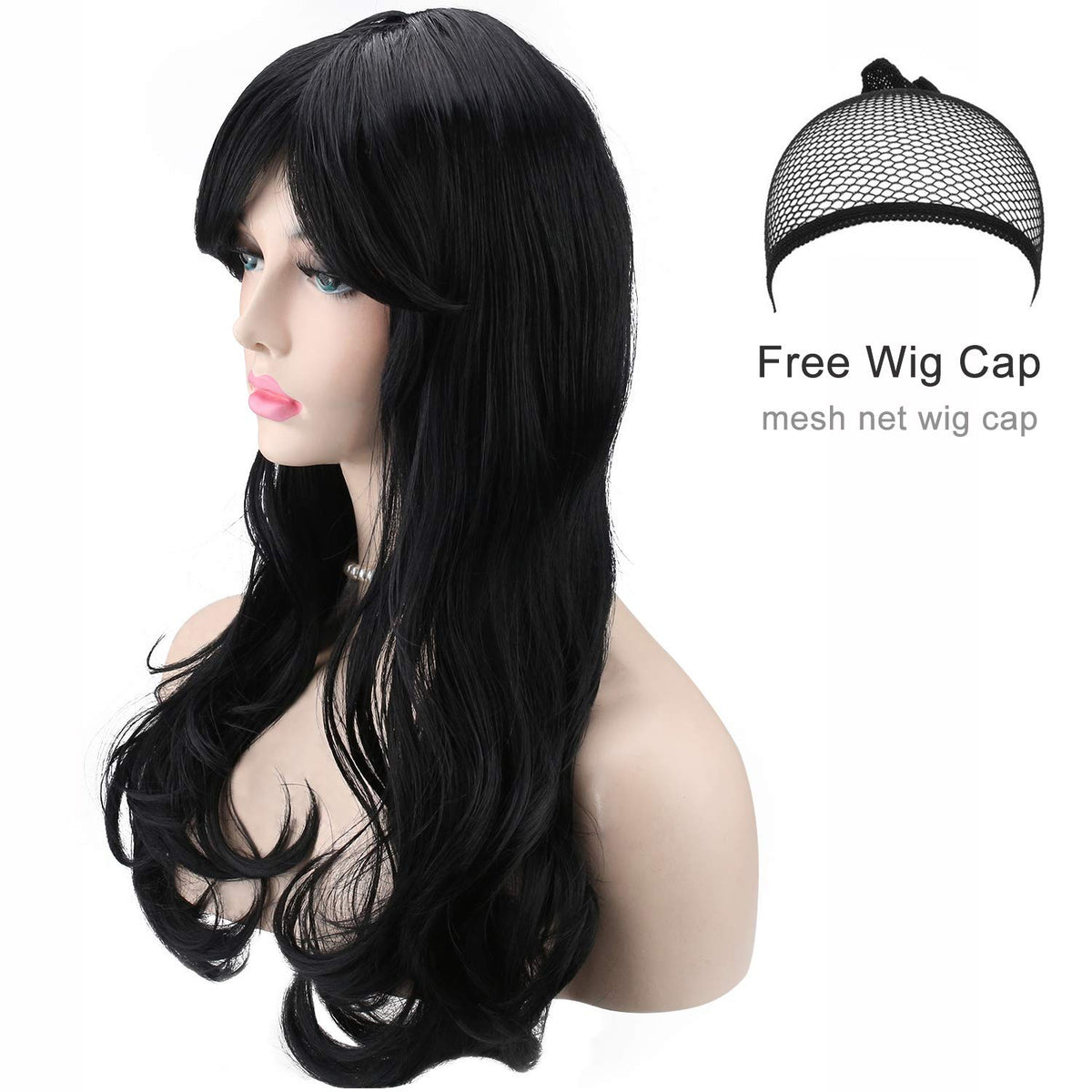 Akstore 28 inch Fashion Wigs Long Wavy Curly Hair Cosplay Wig & Wig Cap (Black)