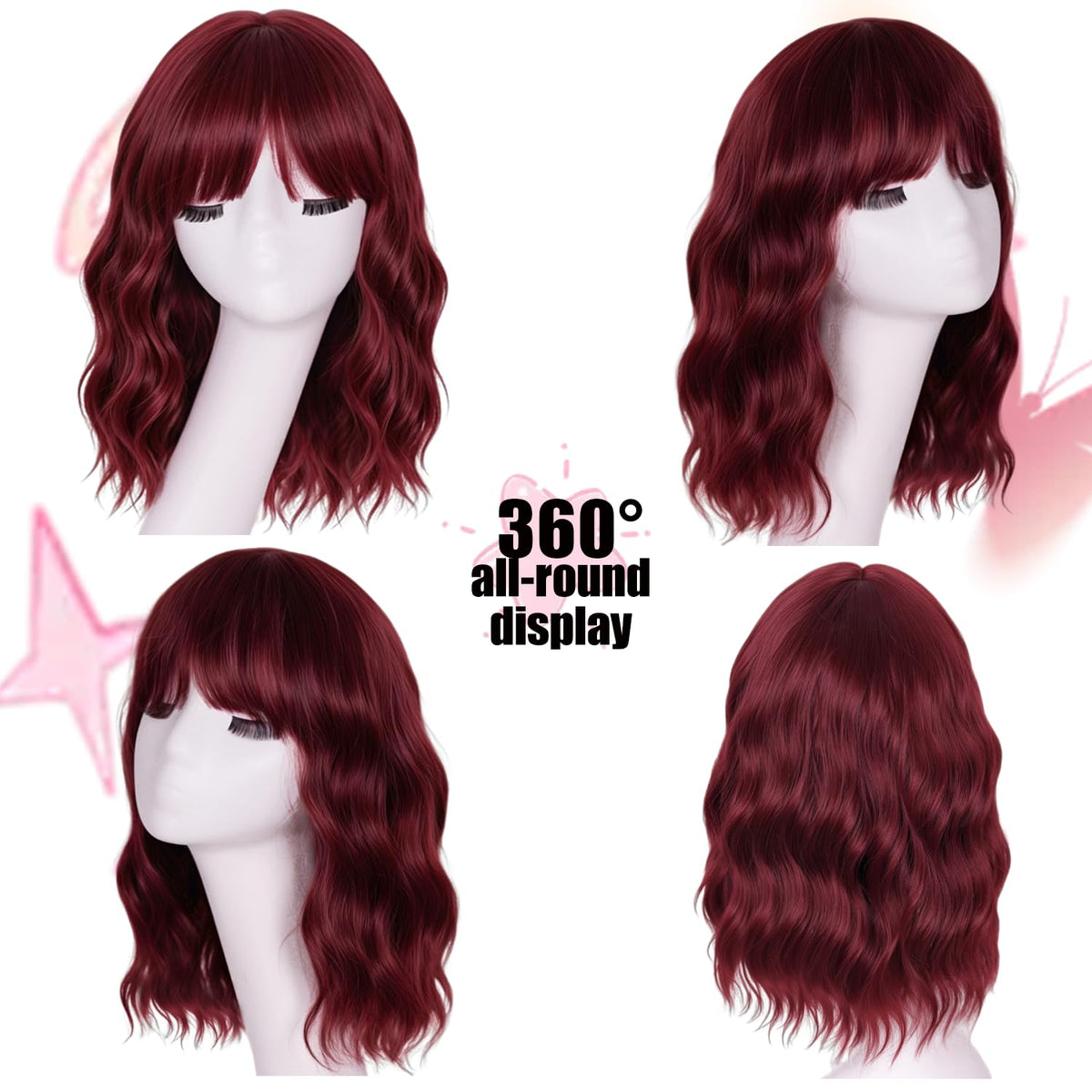Short Wavy Wig with Bangs Black Mixed Brown Bob Curly Wigs for Women 14inch