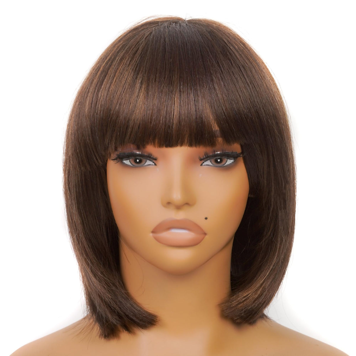 ToyoTress Bob Wig With Bangs - 12 Inch Peek-a-boo Color Short Bob Wig For Black Women Black Mix Brown Daily Costume Wigs, Light Yaki Straight Synthetic Hair Wigs Heat Resistant (12 Inch, SH30-612H)