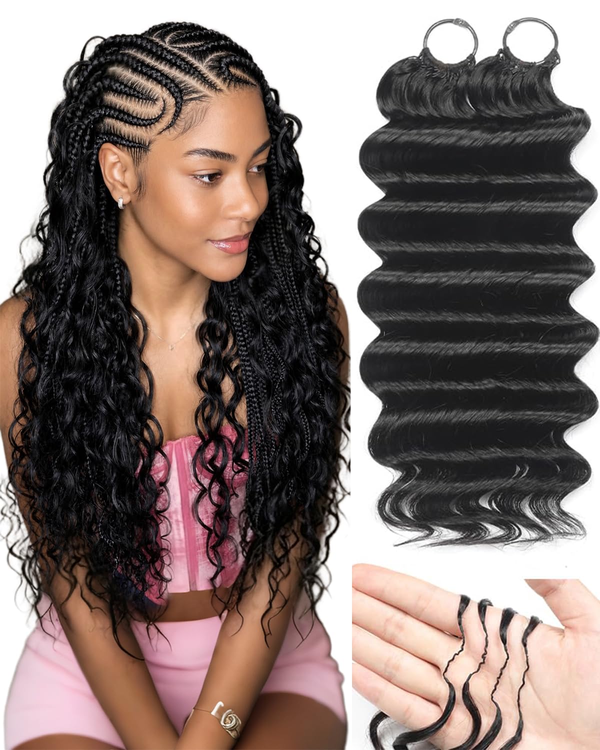 Crochet Human Hair for Black Women, Miracle Deep Wave Mini Knots Feather Crochet Human Hair Extensions 18 Inch 150g 120 Strands, Pre-Separated Invisible Knotless Remy Bundles Natural Black