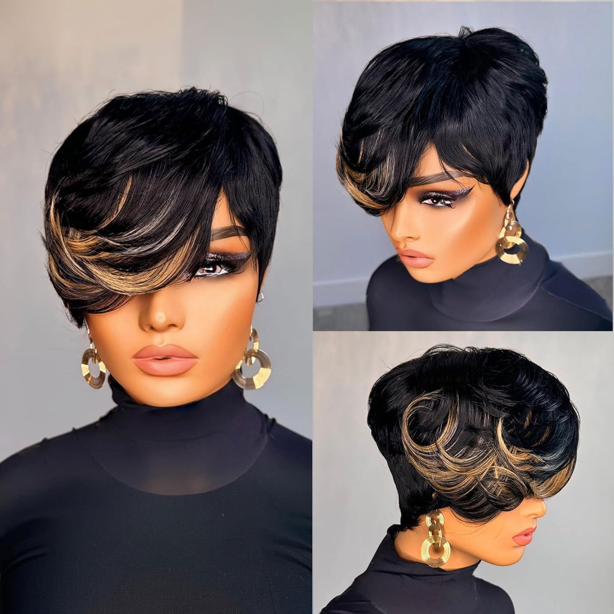 VRZ Pixie Cut Wigs for Black Women Brazilian Curly Pixie Cut Wig Human Hair Glueless Short Layered Wigs With Bangs Natural Black Color No Glue Human Hair Wig for Daily Use