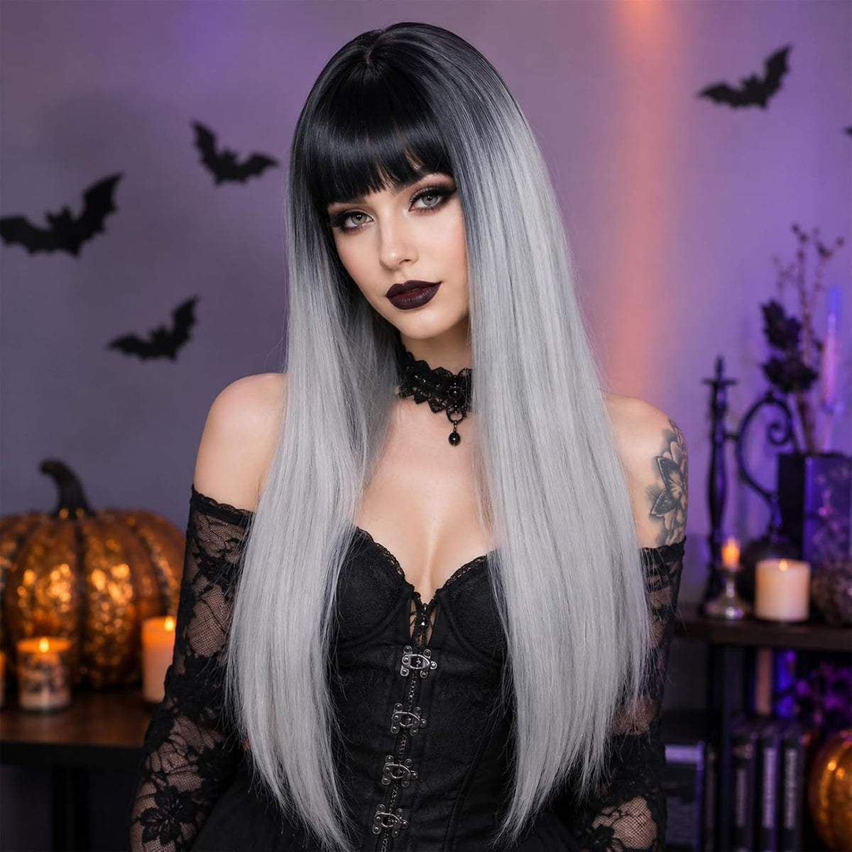 BEkjdiof Wig with Bangs Long Straight Gray Wigs for Women Halloween Wig