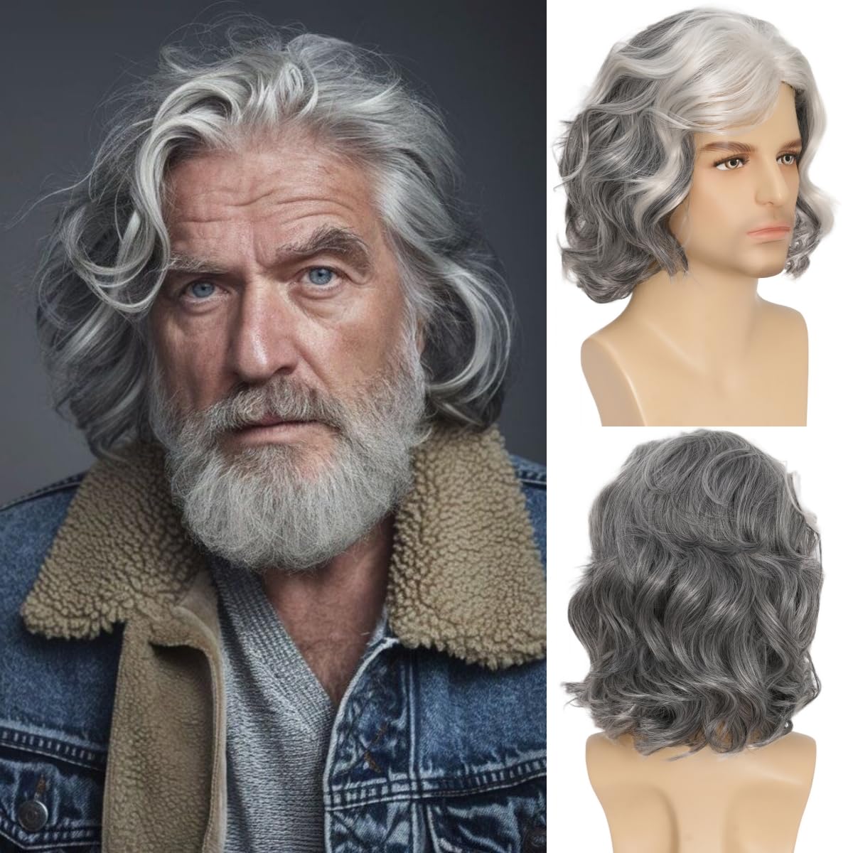 Mens Black Wig Long Curly Natural Hair Wig Layered Wavy for Daily Party Costume Cospaly Halloween