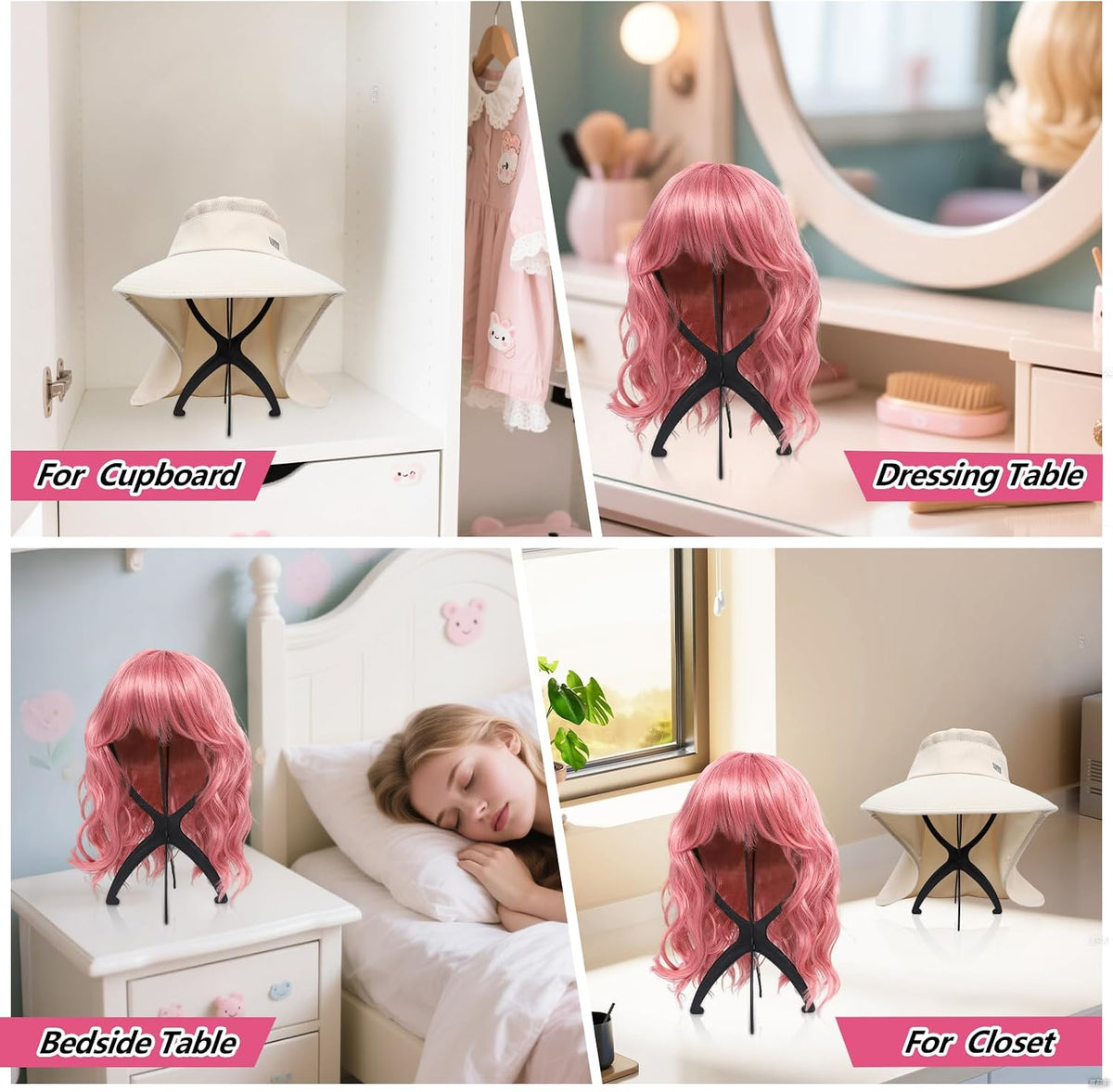 Portable Wig Stand Holder for Multiple Wigs, Black 2 Pack