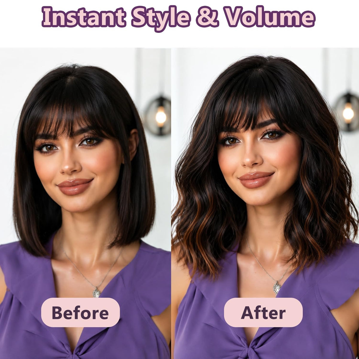 Short Wavy Wig with Bangs Black Mixed Brown Bob Curly Wigs for Women 14inch