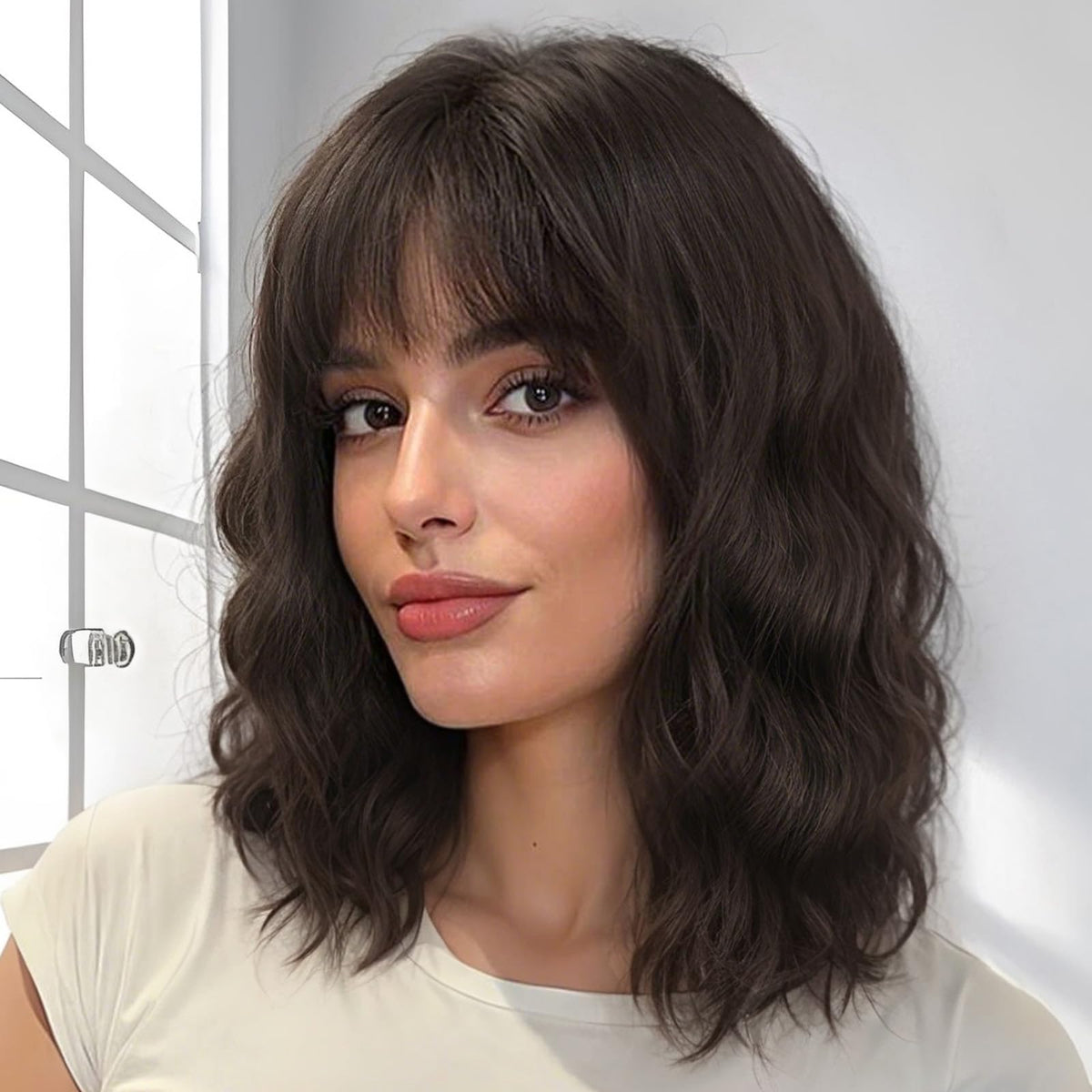 Nnzes Short Wavy Bob Wig with Bangs for Women Shoulder Length Curly Dark Brown with Purple Synthetic Heat-Resistant Fiber Hair for Daily & Party Use
