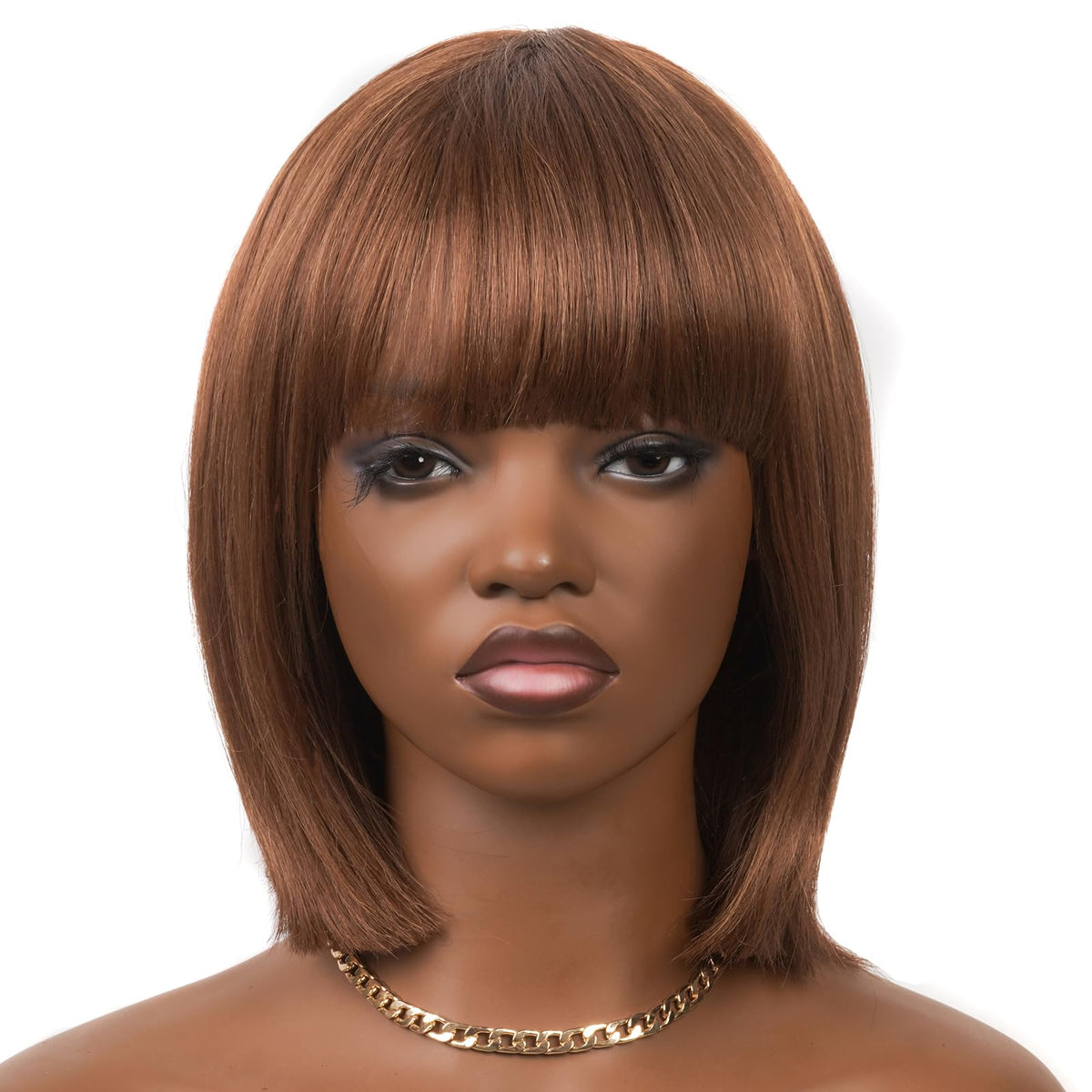 ToyoTress Bob Wig With Bangs - 12 Inch Peek-a-boo Color Short Bob Wig For Black Women Black Mix Brown Daily Costume Wigs, Light Yaki Straight Synthetic Hair Wigs Heat Resistant (12 Inch, SH30-612H)