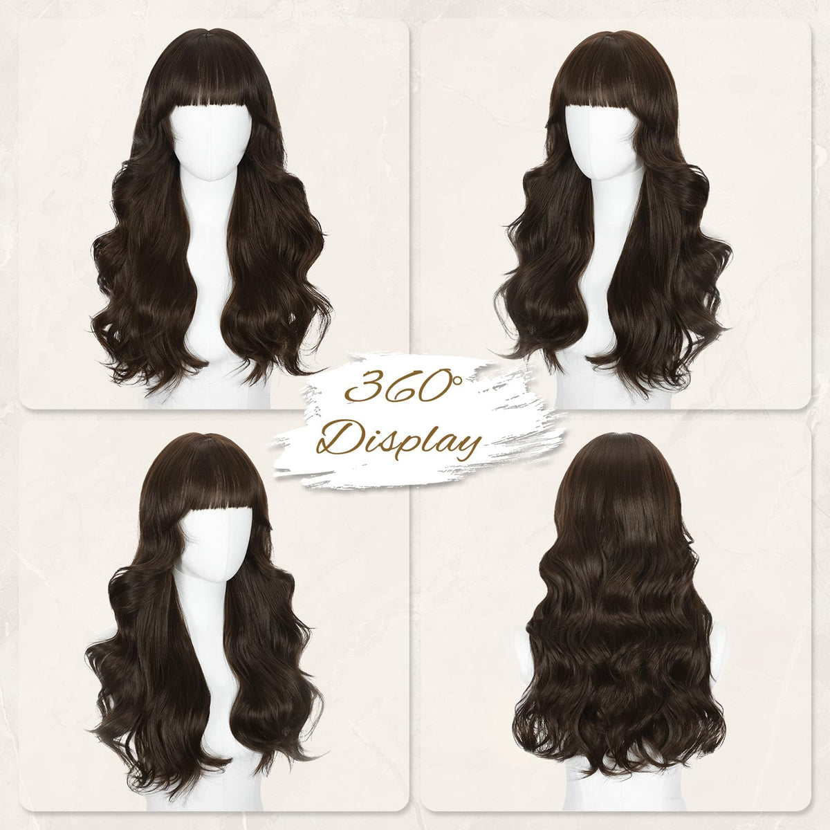 Rooted Honey Wig with Bangs for Women 24 Inch Long Wavy Synthetic Hair