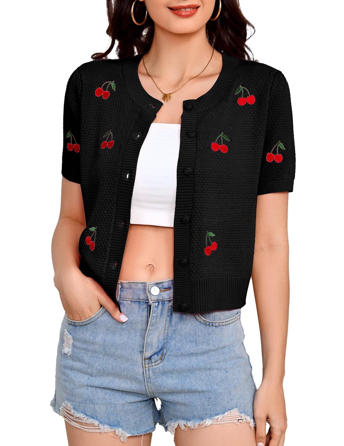 Bbonlinedress Women Cherry Short Sleeve Cardigan Tops Vintage Sweater Shirt