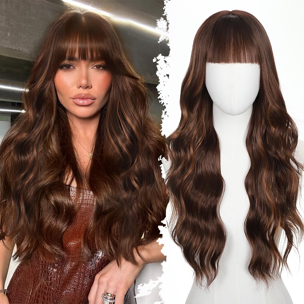 Black Wig with Bangs Long curly wavy Wigs for Women26In Synthetic Black Wig
