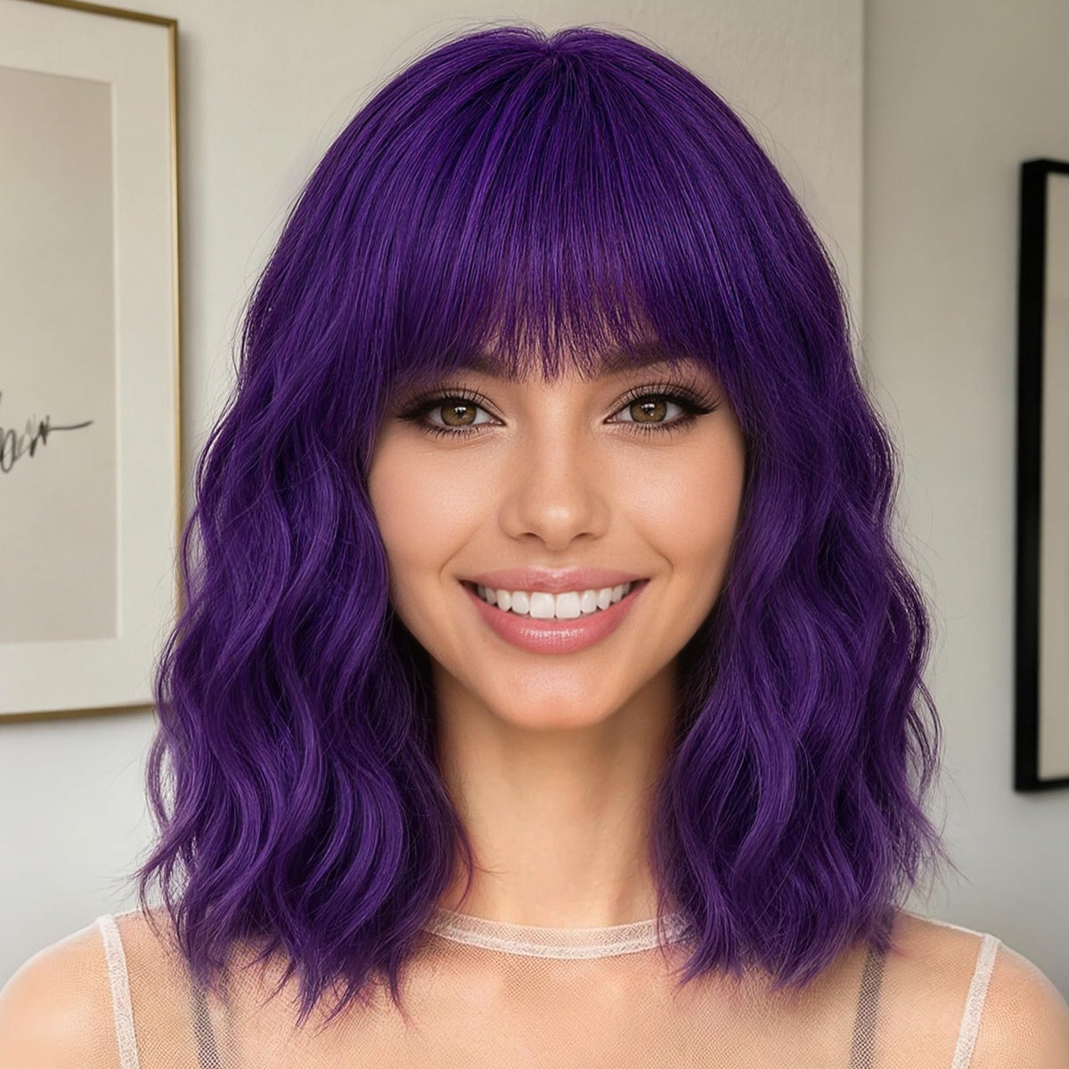 Nnzes Short Wavy Bob Wig with Bangs for Women Shoulder Length Curly Dark Brown with Purple Synthetic Heat-Resistant Fiber Hair for Daily & Party Use