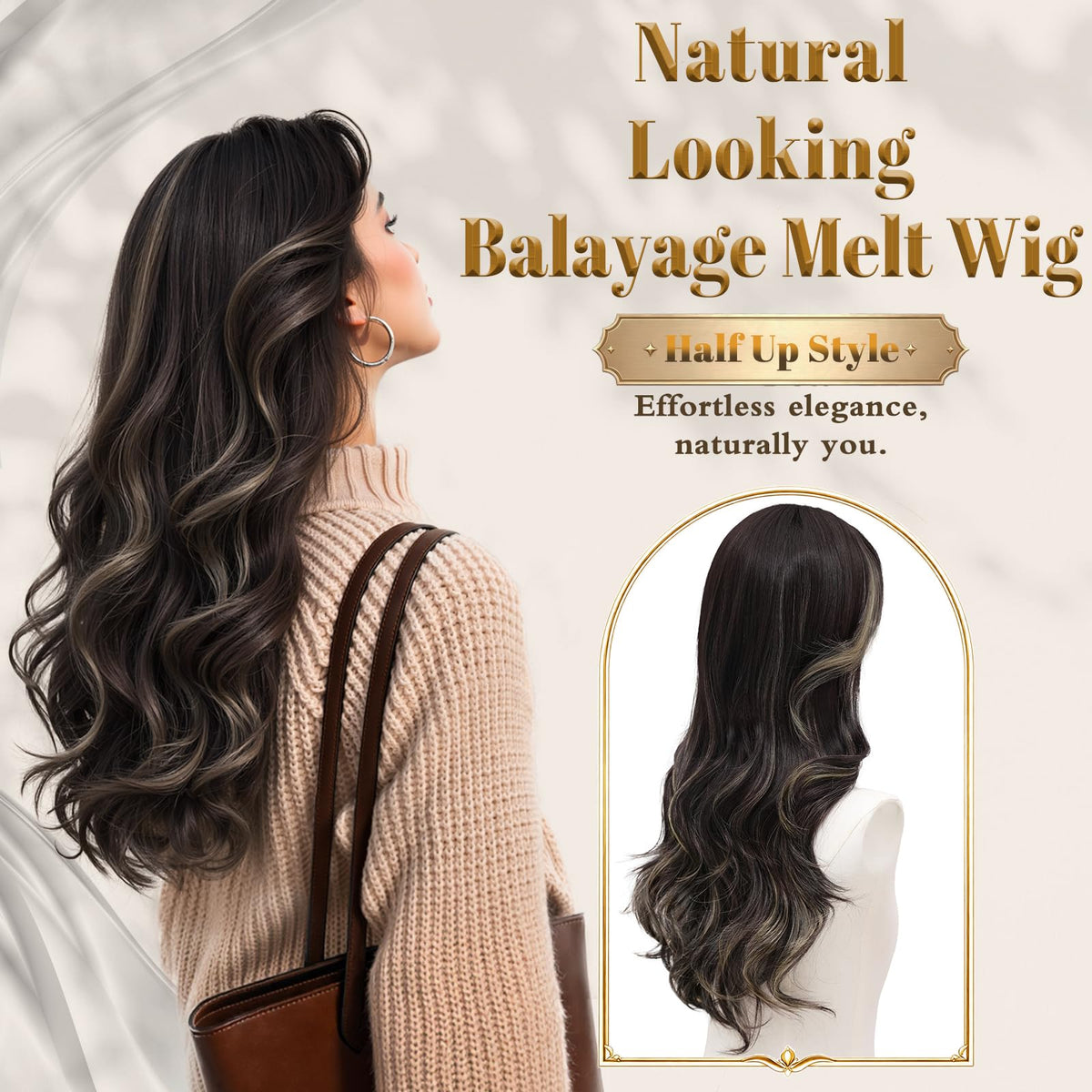 Rooted Honey Wig with Bangs for Women 24 Inch Long Wavy Synthetic Hair