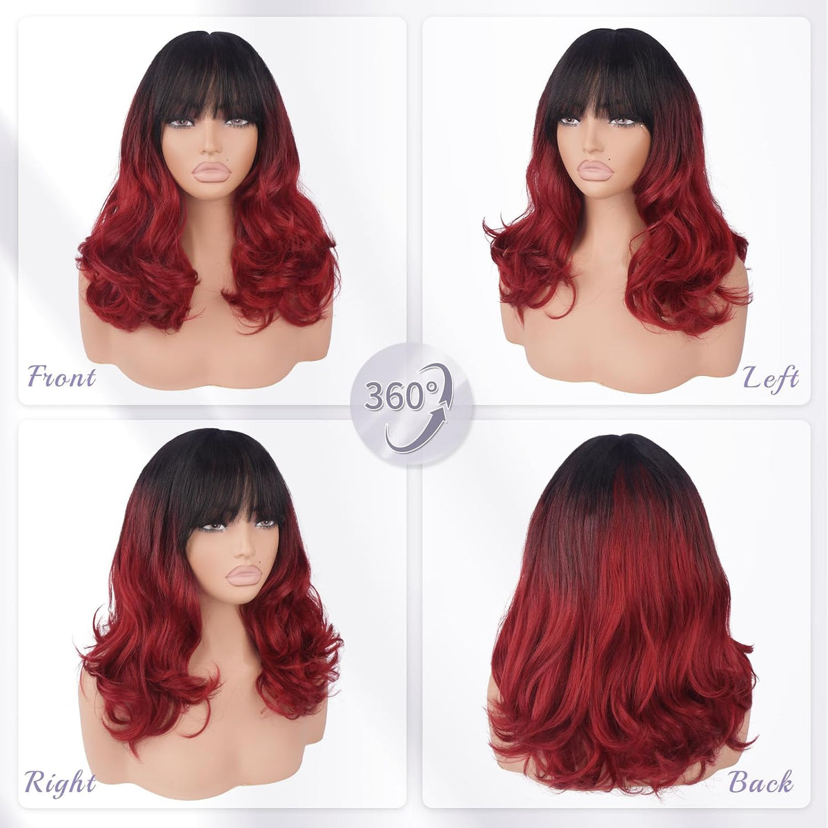 Burgundy Wig with Bangs 16 Inch Ombre Wig for Women