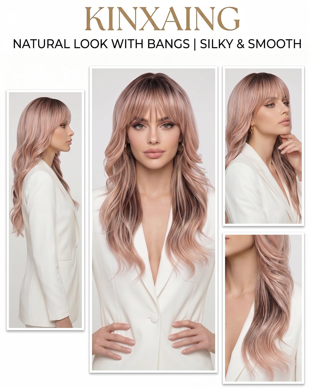 Ombre Pink Wavy Wig with Curtain Bangs 26 Inch – Long Layered Synthetic Hair Wig for Women, Natural Looking Dark Root Heat Resistant Wig, Soft Thick Full Wig for Daily Wear Party Cosplay