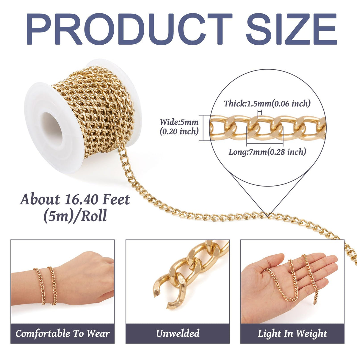 Beadthoven 16.4ft Aluminum Curb Chains, Silver Color Chains for Jewelry Making 5mm Wide Metal Craft Chain Link Spool Twisted Links Oval Curb Chains Unwelded for Clothes Necklace Bracelet DIY Findings