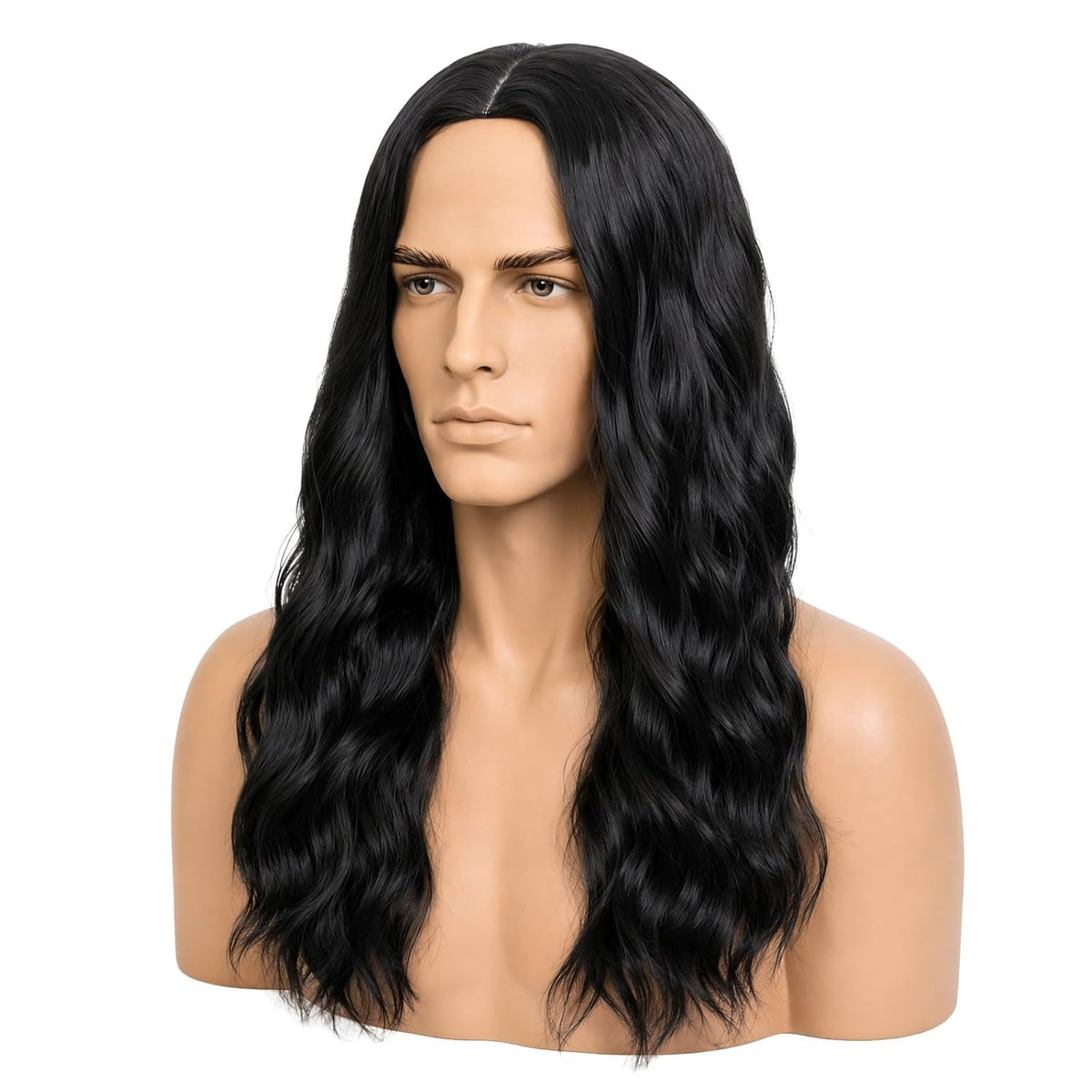 Black Male Wig Long Wavy Black Wig Shoulder Length for Halloween Cosplay