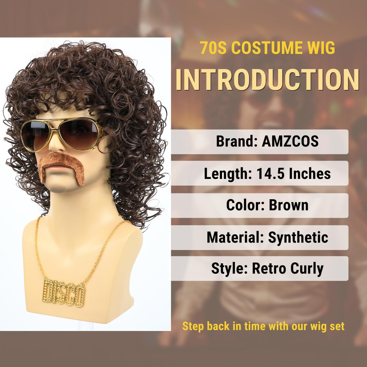 70s Disco Black Jerry Curl Wig with Glasses Mustache Necklace for Men
