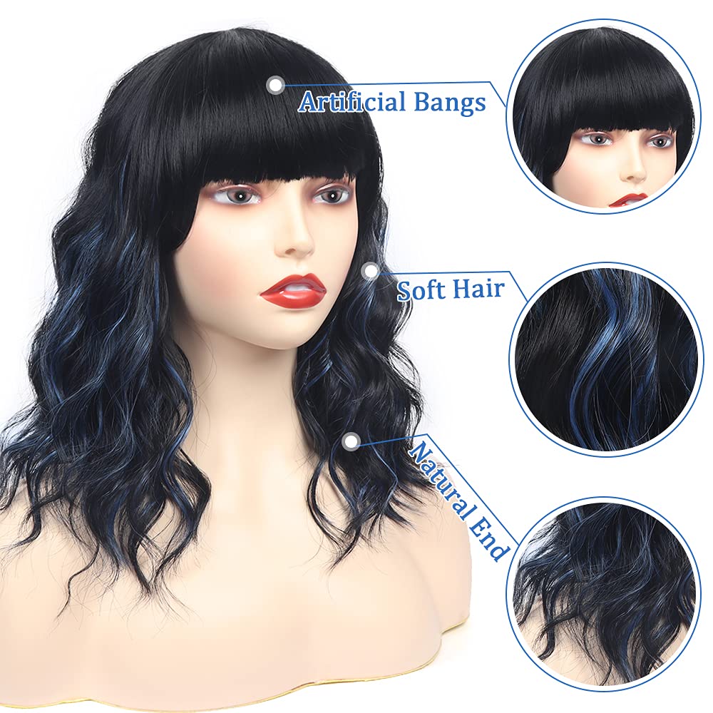 Black Mixed Brown Wig for Black Women Short Wavy Curly Bob Wig with Bangs