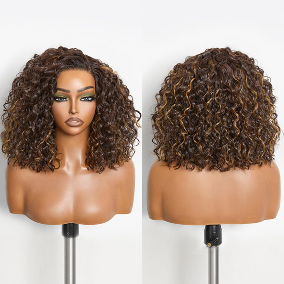 Frodio Curly Water Wave Glueless Wig 12'' Short Curly Wigs Honey Brown Mix