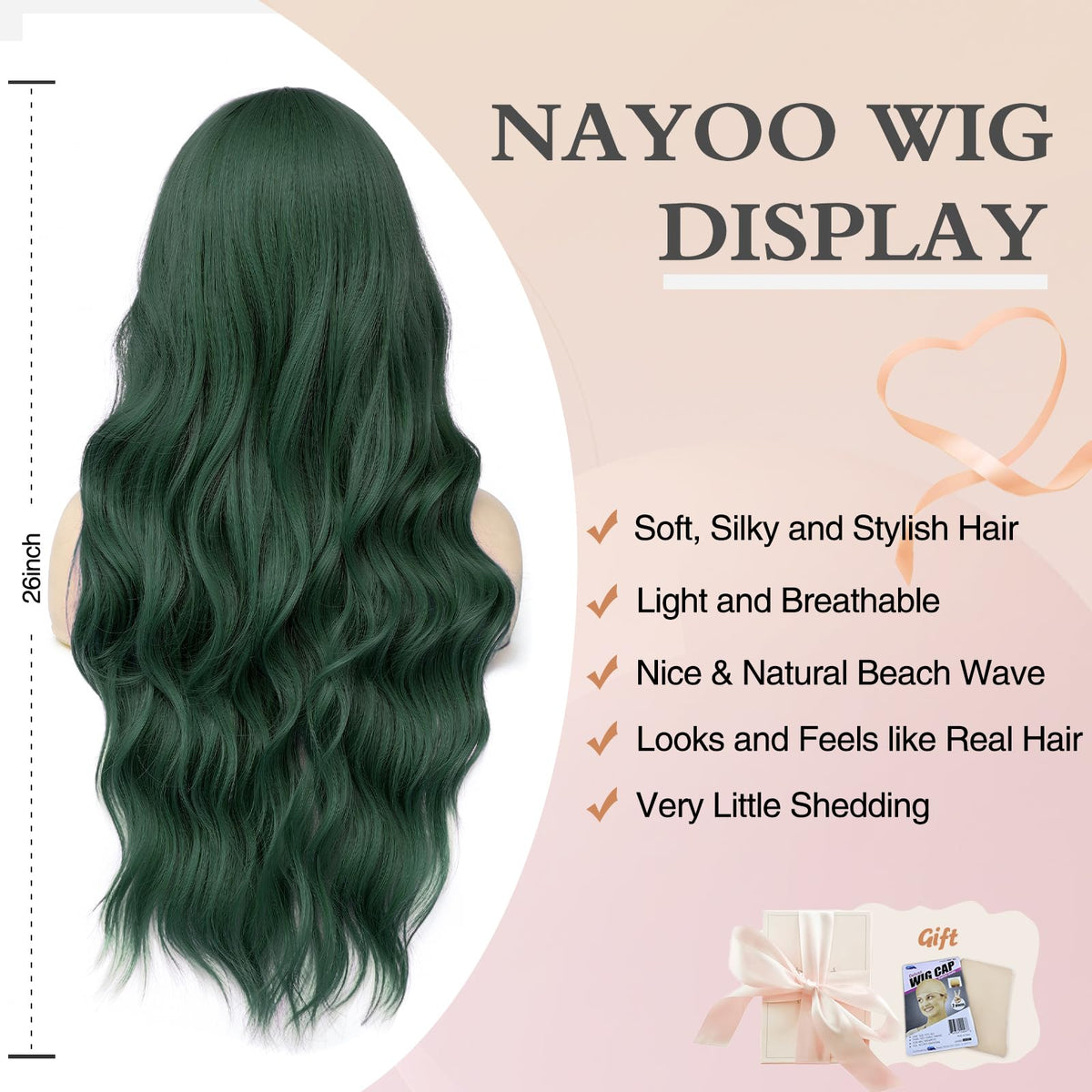 NAYOO 26 Inch Long Wavy Black Wig for Women, Middle Part Natural Looking Synthetic Wig, Heat Resistant Fiber Soft & Lightweight, Realistic Scalp Long Curly Wig for Daily Wear Party Cosplay
