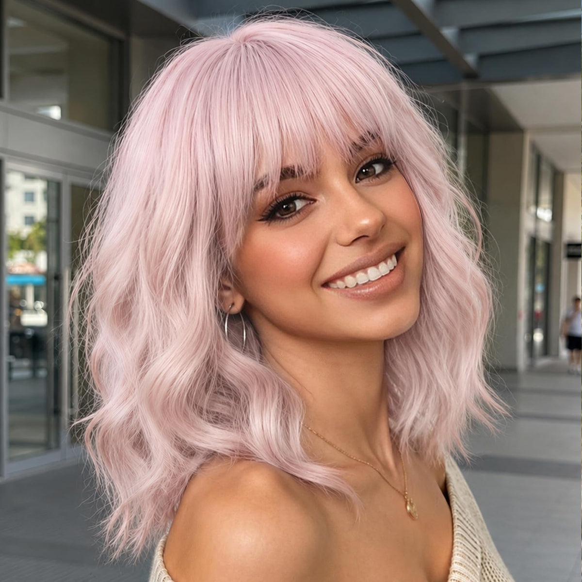Nnzes Short Wavy Bob Wig with Bangs for Women Shoulder Length Curly Dark Brown with Purple Synthetic Heat-Resistant Fiber Hair for Daily & Party Use