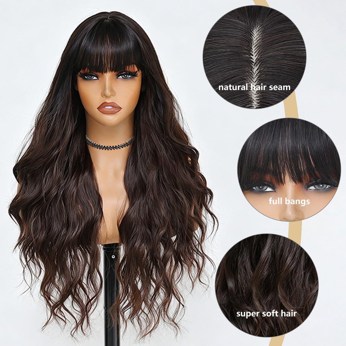 Burgundy Wig with Bangs for Women, Long Wavy Red Wig 26 Inch Wigs Heat Resistant Sythetic Wig for Daily Party Use