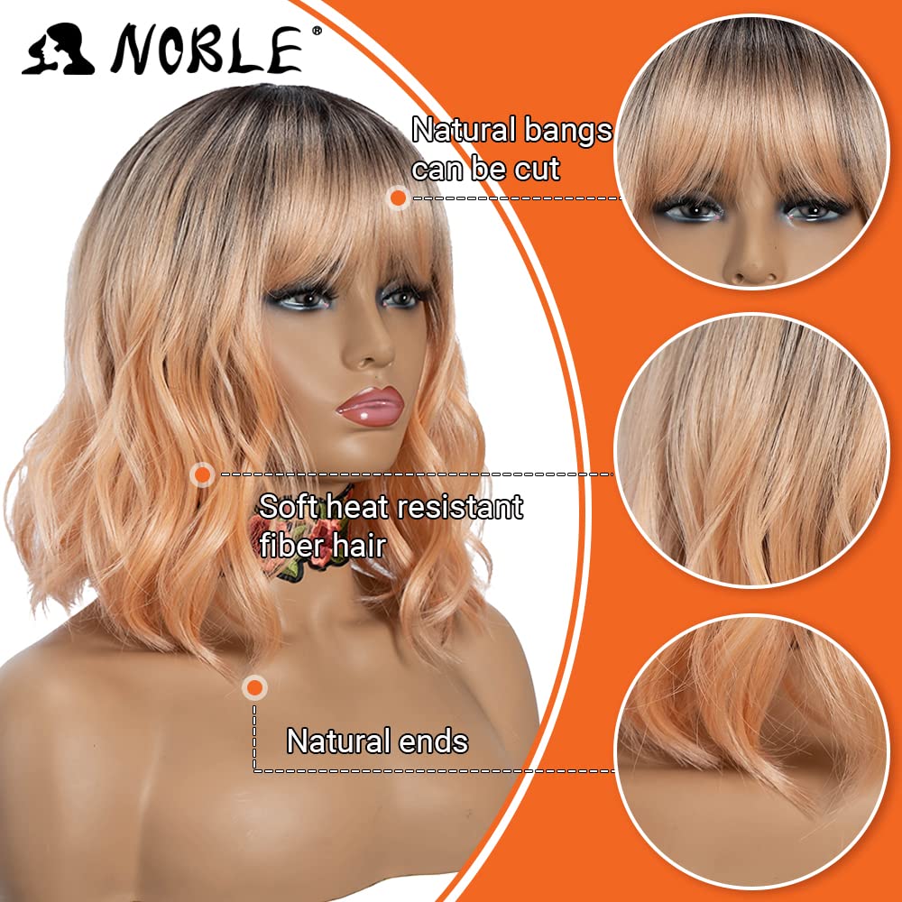 NOBLE Blue Wig with Bangs 12 Inches Short Bob Curly Wig Blue Wigs for Women Colorful Wavy Bob Wigs with Air Bangs Heat Resistant Synthetic Silver Blue Halloween Wigs for Cosplay Party