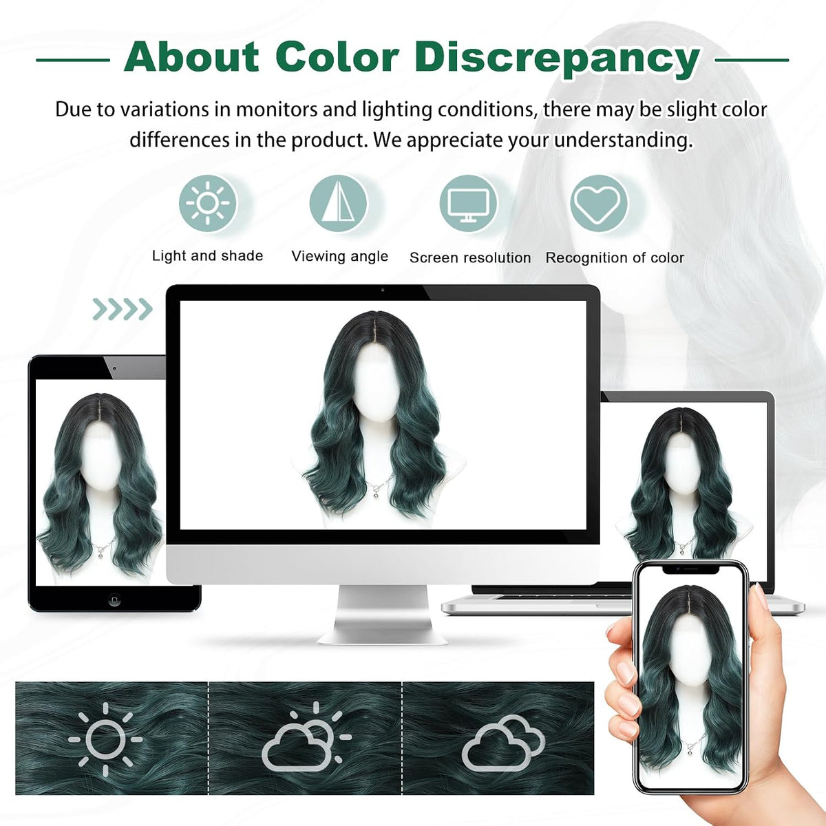 MORICA Ombre Dark Green Wigs for Women, 18 Inch Wavy Middle Part Wig
